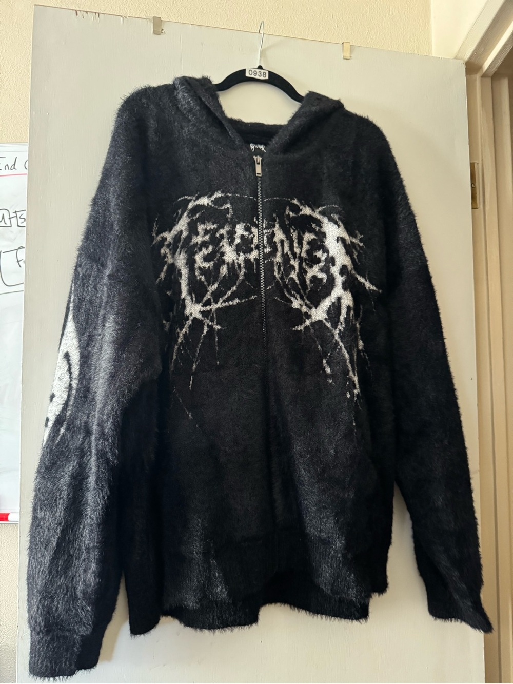 Revenge Clothing Black mohair Zip-Up Hoodie with White Graphic